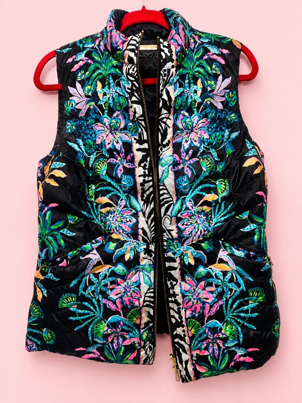 NWOT Lilly Pulitzer Reversible Puffer Vest - Tropical Floral,Black & Gold Sz Med